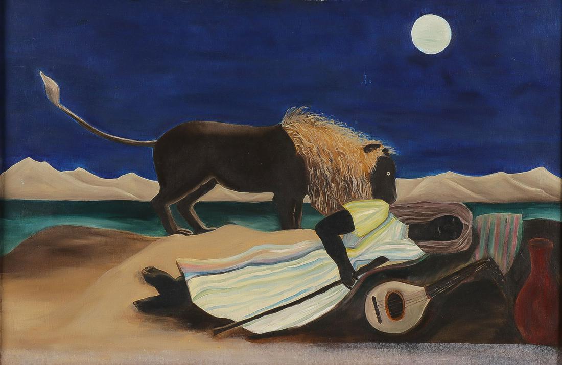 ORIGINAL OIL ON CANVAS AFTER HENRI ROUSSEAU: After HENRI ROUSSEAU (French 1844-1910) The Sleeping Gypsy Oil on canvas Apparently unsigned 24.2 inches x 36 inches (61.2 x 91.5 cm), contained in a decorated red painted frame SHIPPI