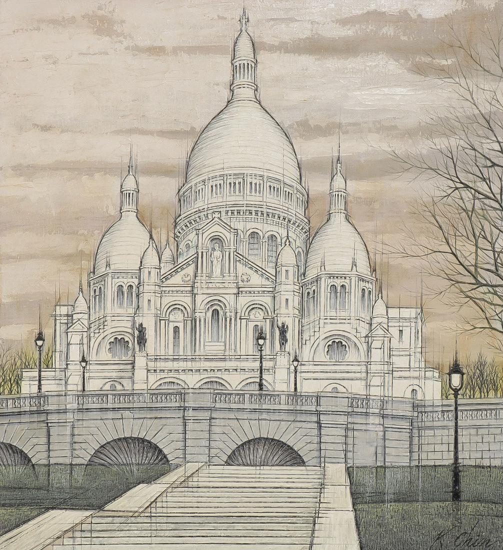 MID-CENTURY PARIS SCHOOL PAINTINGS: MID-CENTURY PARIS SCHOOL PAINTINGS. Comprising a large and impressive oil on canvas depiction of Sacré-Cœur by American artist K. Chin (1920 - 1995), signed lower right, 26 inches x 24 inche