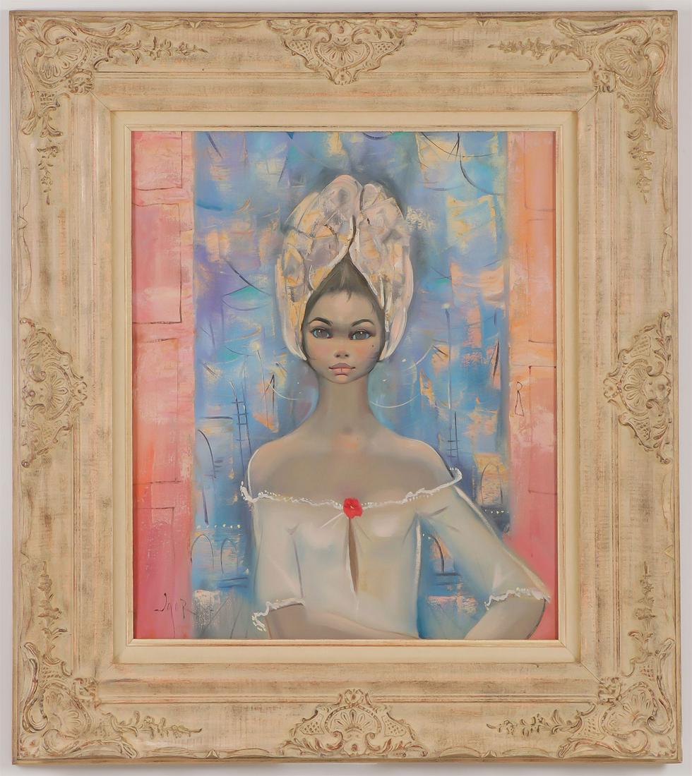 PANTUHOFF BIG-EYED GIRL OIL PAINTING: IGOR PANTUHOFF (Russian 1911-1972)Portrait of a Beautiful Woman with Headdress Oil on canvasSigned lower left24 inches x 20 inches (61 x 55.5 cm), contained in an ornate painted wood frame overall me