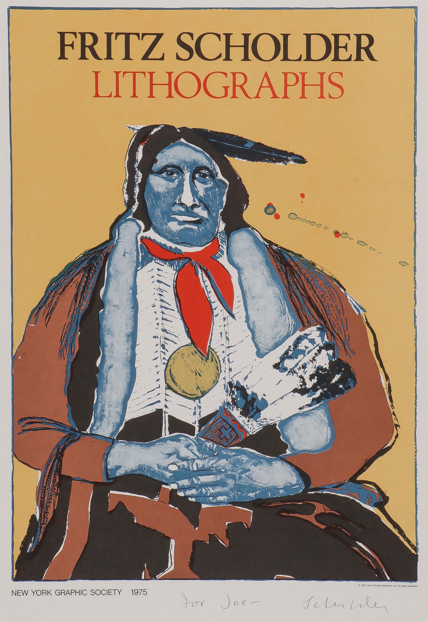 ILLUSTRATION ART & ARTIST SIGNED POSTERS, C. 1970: ILLUSTRATION ART & ARTIST SIGNED POSTERS, C. 1970. Comprising 12 individual unframed pieces, including two 1975 Fritz Scholder O'Grady Galleries exhibition posters, one artist signed and inscribed "Fo
