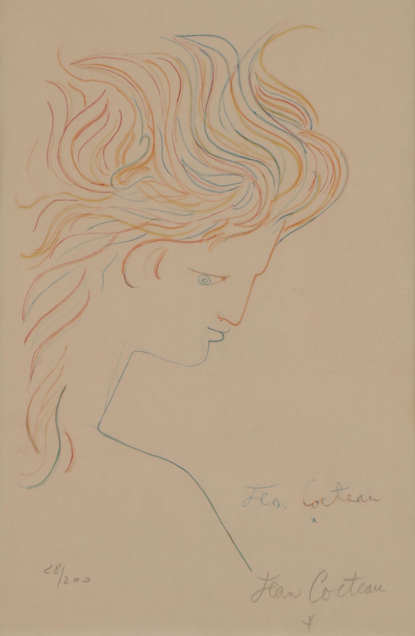 JEAN COCTEAU SIGNED COLOR LITHOGRAPH: JEAN COCTEAU (French 1889-1963)TÃªte en profil Color LithographPencil signed and editioned 28/200 lower margin Sheet size 22 inches x 14.75 inches (55.9 x 37.5cm)SHIPPING NOTICE:<