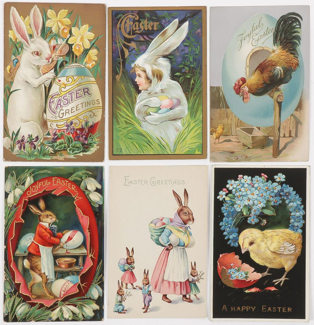 650 VINTAGE EASTER POSTCARDS: 650 VINTAGE EASTER POSTCARDS. Contained in two three-ring binders, the majority by Winsch and depicting a vast multitude of Easter imagery including children, bunnies, chicks, and the like, as shown. 