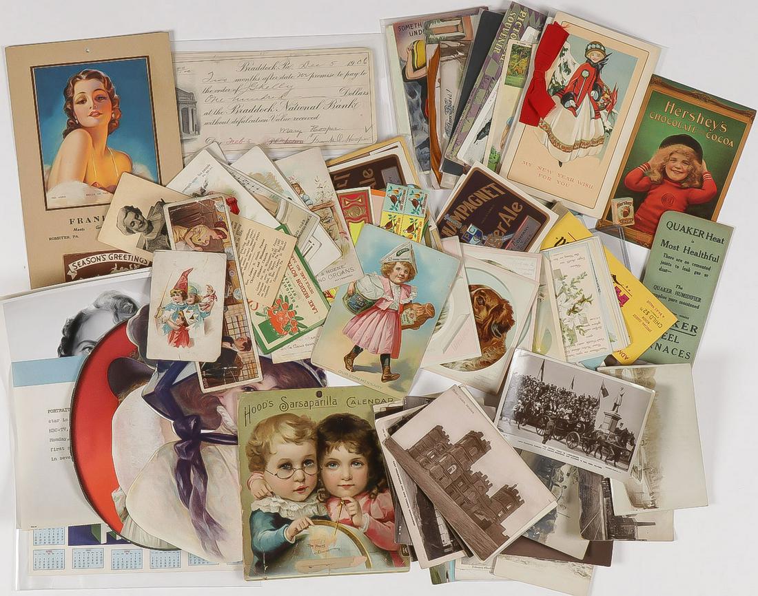LARGE VINTAGE EPHEMERA GROUP: LARGE VINTAGE EPHEMERA GROUP. Comprising well over 250 individual pieces, including vintage children's real photo postcards circa 1900, holiday postcards, numerous advertising cards, old printed calen