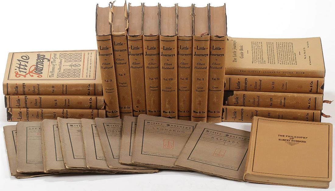 ELBERT HUBBARD LITTLE JOURNEYS LIBRARY: ELBERT HUBBARD LITTLE JOURNEYS LIBRARY. Comprising the complete 14 book set of "Little Journeys to the Homes of the Great" by Elbert Hubbard, 1928, the Roycrofters. Each volume with elaborately emboss