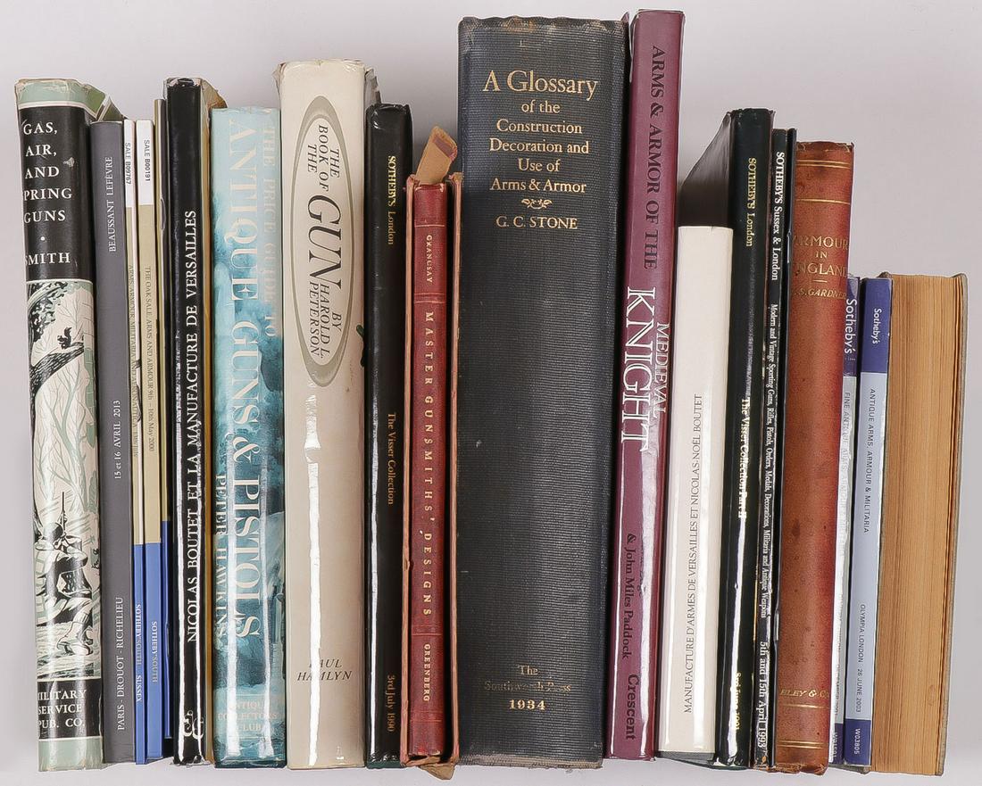 GROUP OF ARMS AND ARMOR REFERENCE BOOKS & MORE: GROUP OF ARMS AND ARMOR REFERENCE BOOKS & MORE. Comprising 20 individual publications, including 10 reference books and 10 past auction catalogs (9 from Sotheby's and 1 from Beaussant Lefevre). Refere
