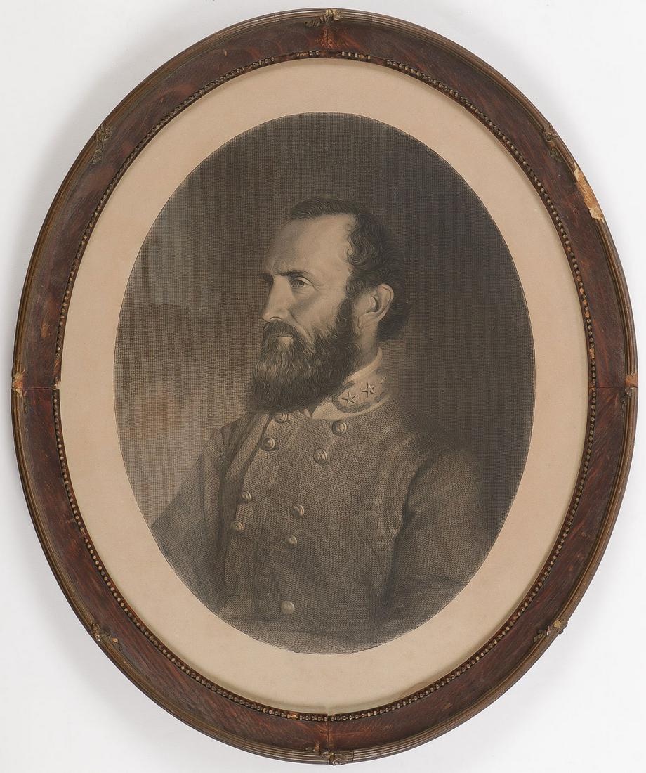 2 VINTAGE ARTWORKS INC'L GEN. STONEWALL JACKSON: 2 VINTAGE ARTWORKS INC'L GEN. STONEWALL JACKSON. Comprising a 19th century steel engraved print of General Thomas Jonathan "Stonewall" Jackson, contained in a double sided glazed oval wood frame, impr