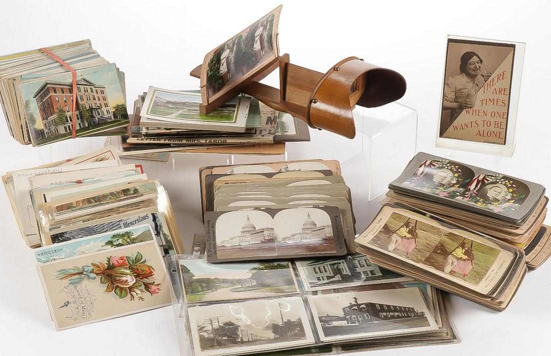 VINTAGE STEREO VIEWS AND EPHEMERA GROUP: VINTAGE STEREO VIEWS AND EPHEMERA GROUP. Including over 350 postcards, mostly related to Iowa and more specifically Cedar Rapids, Iowa. As well as various Victorian printed colored calling cards, vint