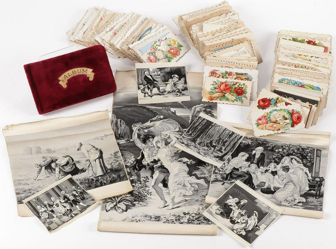 VINTAGE GREETING CARDS AND EPHEMERA GROUP: VINTAGE GREETING CARDS AND EPHEMERA GROUP. Comprising over 450 color lithograph die cut German greeting cards circa 1890. Most unused. Together with a gilded age velvet covered autograph booklet with 