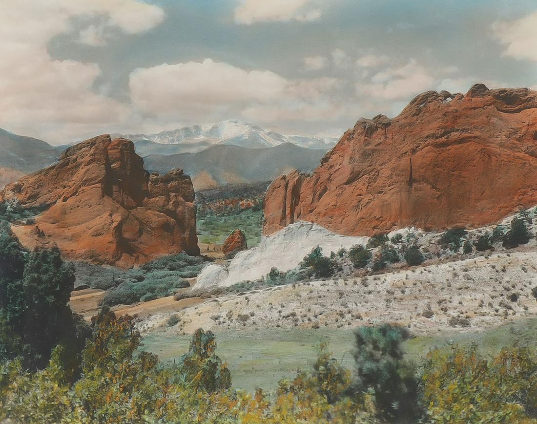FIVE VINTAGE COLORADO TINTED PHOTO SCENES: FIVE VINTAGE COLORADO TINTED PHOTO SCENES. Comprising five Harry Landis Standley hand tinted photos of various notable Colorado scenic landscapes as shown. Each contained in the original frame. Each t