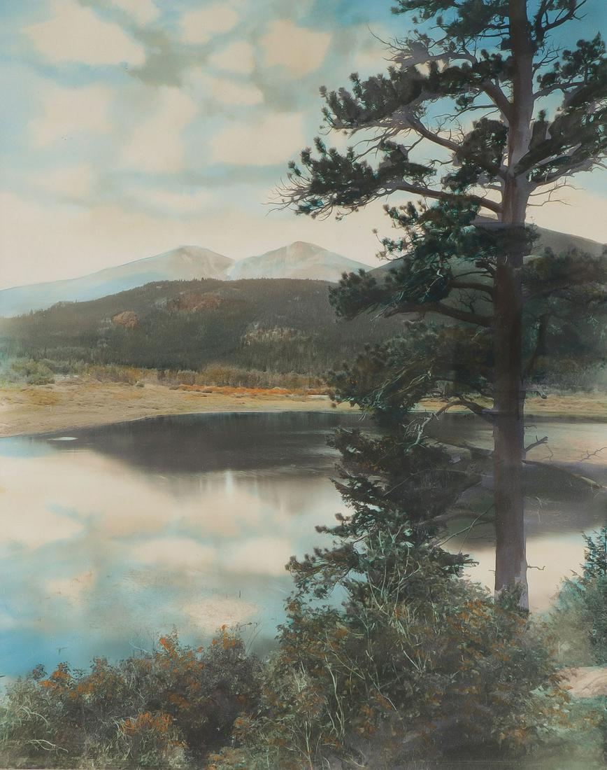 FIVE VINTAGE COLORADO TINTED PHOTOGRAPHS: FIVE VINTAGE COLORADO TINTED PHOTOGRAPHS. Depicting various views, all signed Standley for Harry Landis Standley. Greatest image size 9 x 7.5. greatest overall size including frame 18.5 x 15.5 inches.