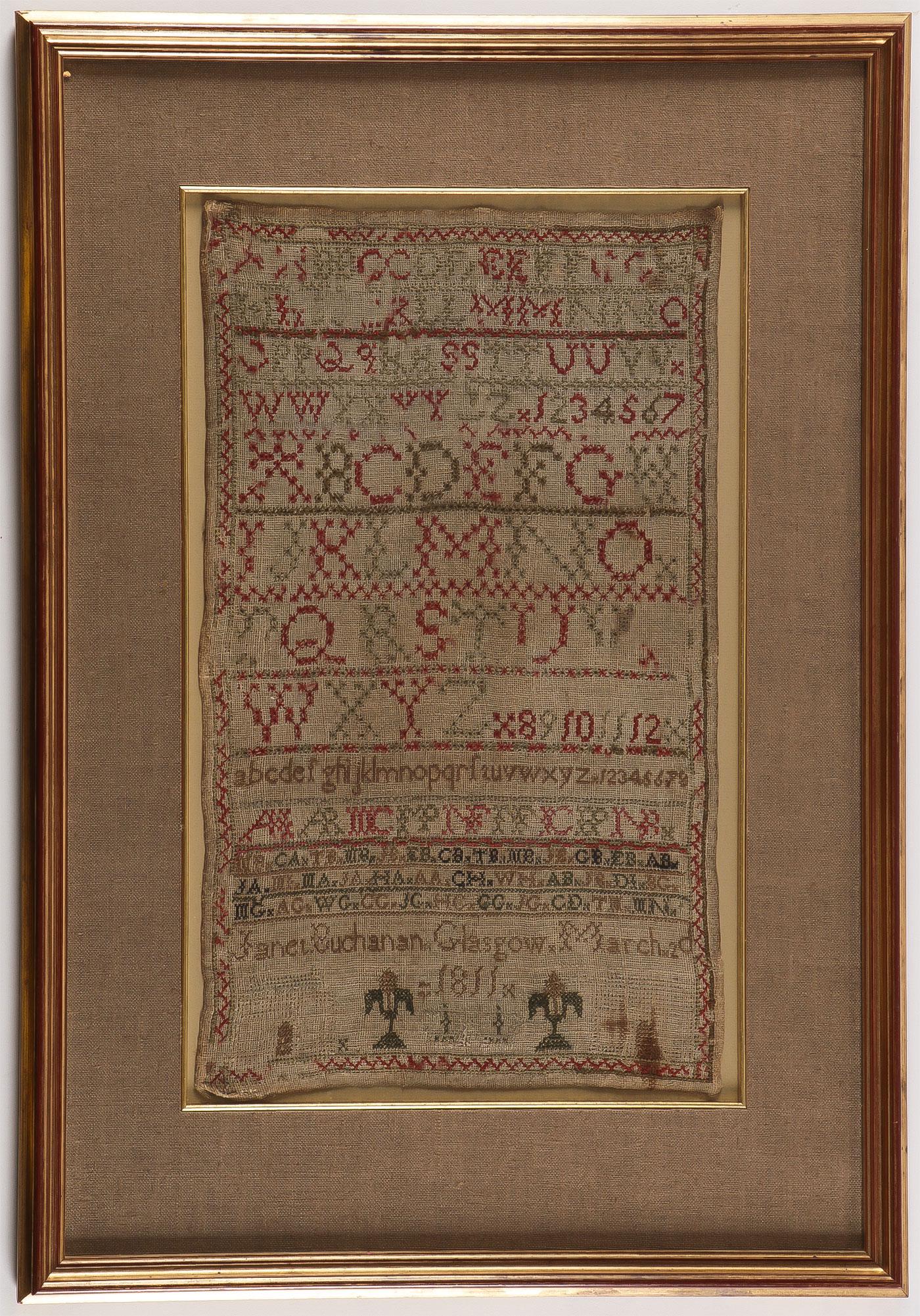 3 NEEDLEPOINT SAMPLERS C. 1811-1840: 3 NEEDLEPOINT SAMPLERS C. 1811-1840. Comprising three individual needlepoint samplers. The first of traditional design with multiple alphabets and signed on bottom Janet Buchanan Glasgow, March 20, 18