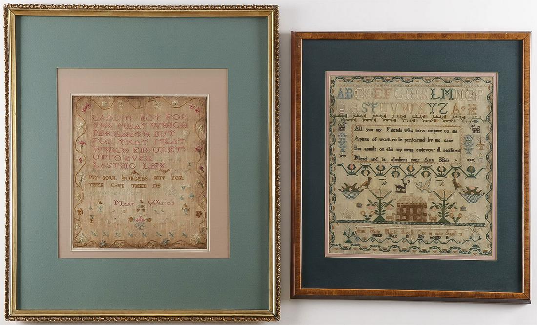 TWO NEEDLEPOINT SAMPLERS: TWO NEEDLEPOINT SAMPLERS. The first named to a Mary Watson and dated November 27, 1773. 11.25 x 10 inches. Together with a very finely preserved example and probably American. Named to Anne Hide, Blac