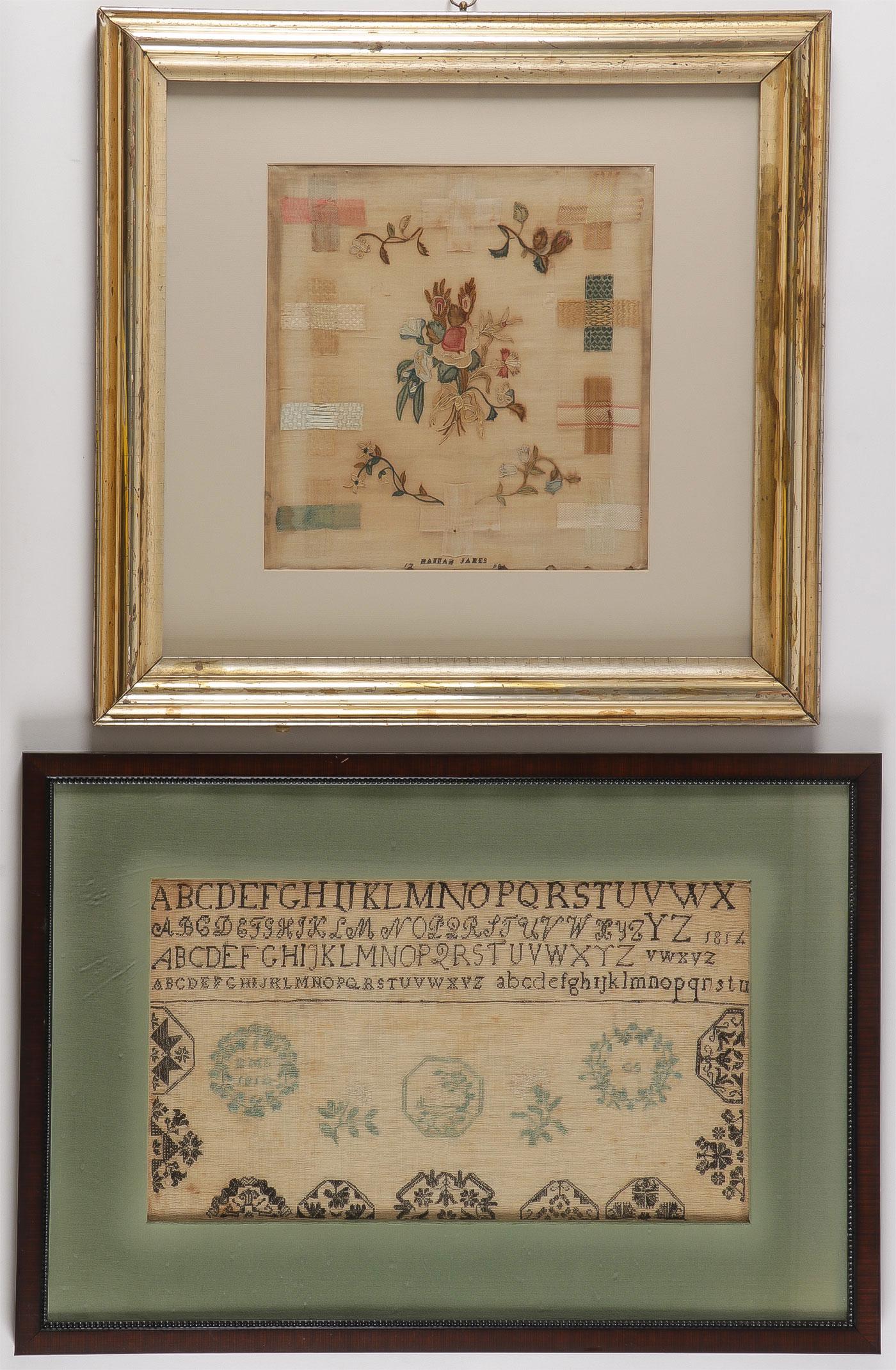 TWO NEEDLEPOINT SAMPLERS, 1818 & 1798: TWO NEEDLEPOINT SAMPLERS, 1818 & 1798. Both rendered in colored silk. The first with five alphabet types, dated 1814 and only initialed. 11 x 18.5 inches. The second with a silk floral bouquet at cent