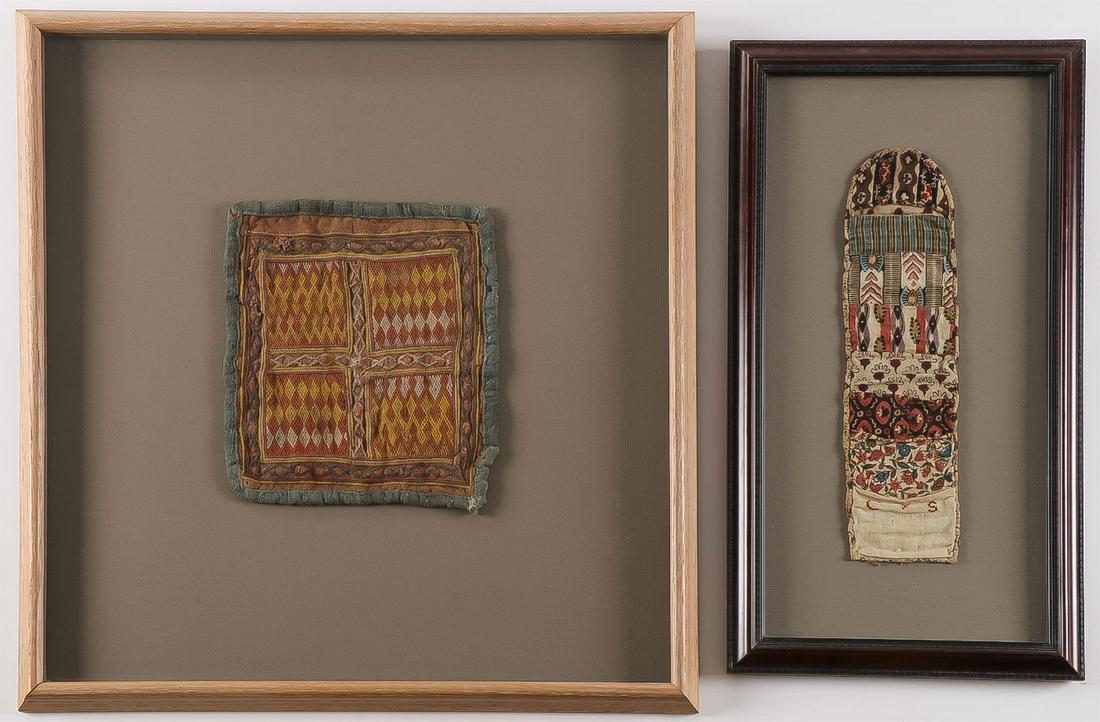 18TH CENTURY TEXTILE GROUP: 18TH CENTURY TEXTILE GROUP. Comprising four individual framed pieces. Including an 18th century hussif pieced from printed cloth remnants, length 11.5 inches, width 3 inches. A needlepoint pocketbook