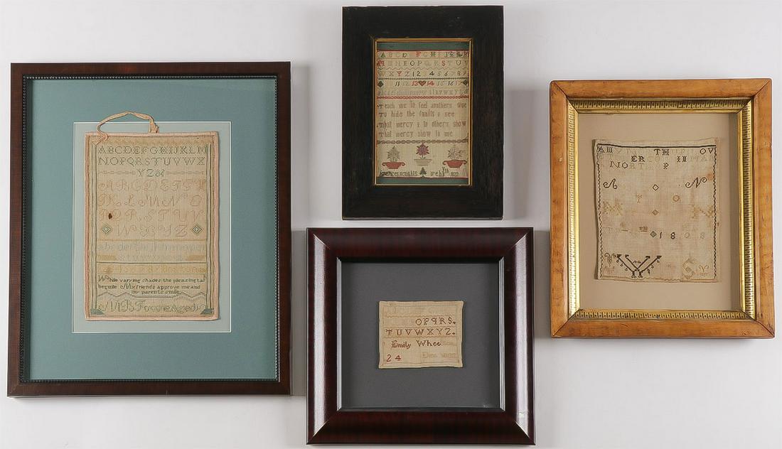 FOUR NEEDLEPOINT FRAMED SAMPLERS: FOUR NEEDLEPOINT FRAMED SAMPLERS. Each rendered in colored silk of various sizes and composition. The first undated but named to an M.B. Fowle, aged 10. 11.5 x 8.5 inches. A colorful smaller example d