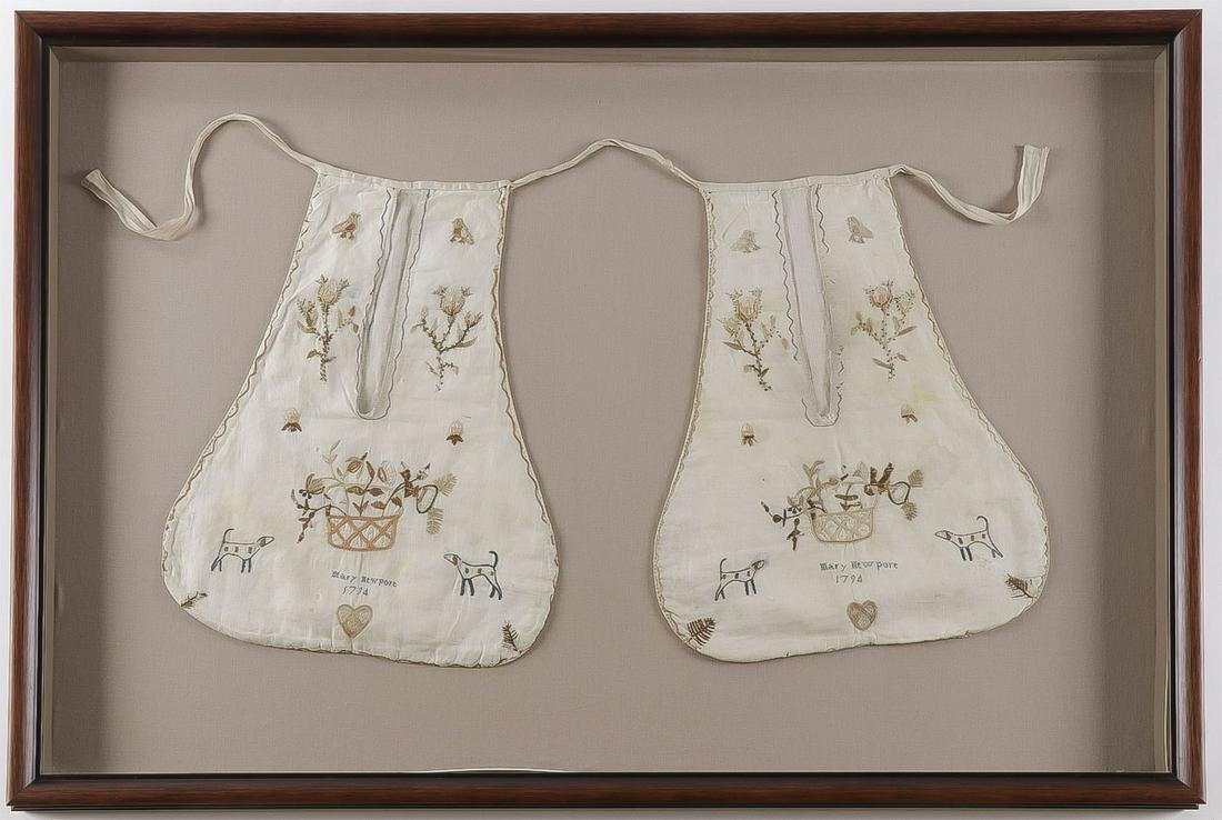 VINTAGE NEEDLEPOINT GROUP: VINTAGE NEEDLEPOINT GROUP. Comprising a great pair of likely New England needlepoint sewing pockets named to Mary Newport and dated 1794. Embroidered with dogs, flowers and birds. Each pocket approxim