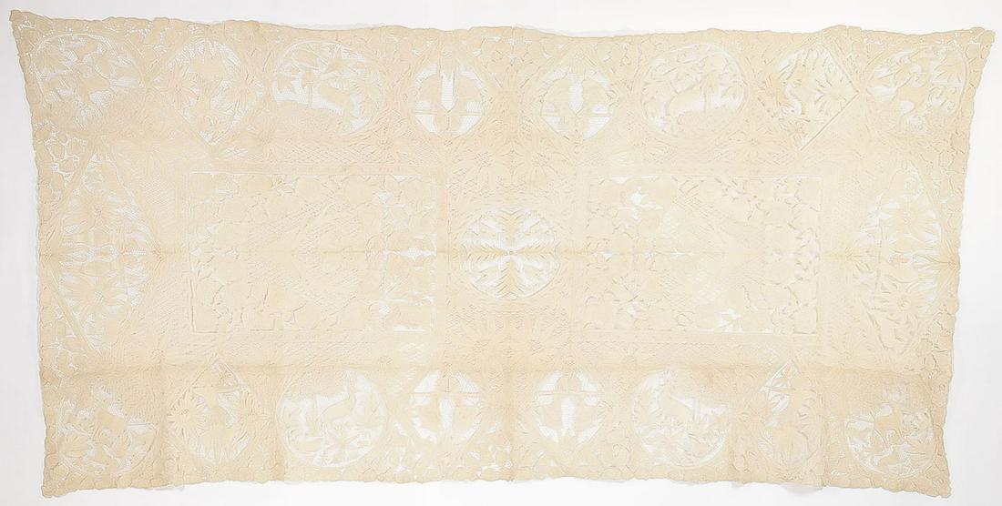 SPECTACULAR TATTED LINEN TABLECLOTH & MORE: SPECTACULAR TATTED LINEN TABLECLOTH & MORE. Comprising a large and impressive spectacularly tatted tablecloth depicting Native American and hunting imagery. The approximate 5.5 x 11.5 foot tablecloth 