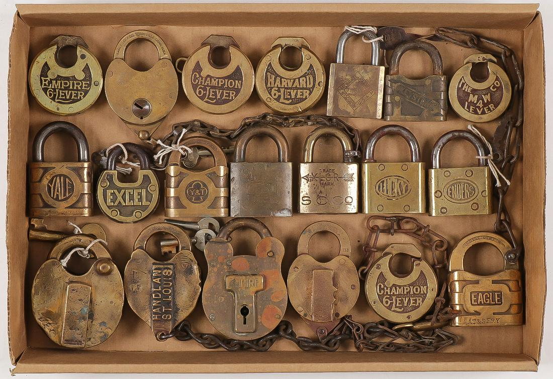 2O GREAT VINTAGE PADLOCKS: 2O GREAT VINTAGE PADLOCKS. Comprising various shapes, types, sizes and makers. Including Empire, Champion, Harvard, Keystone, Lucky, Yale, Eagle and others. Some with keys, greatest size 3.75 inches. 