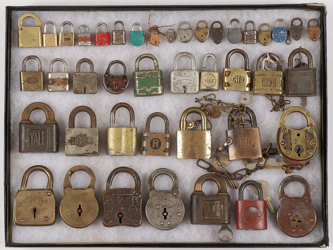 66 VINTAGE PADLOCKS: 66 VINTAGE PADLOCKS. Comprising various shapes, types and makers, including Luxor, Oak, Corbin, Yale, Slay Maker, Trusty, Eagle and many others. As well as a scarce American Keyless Lock Company No-Ke