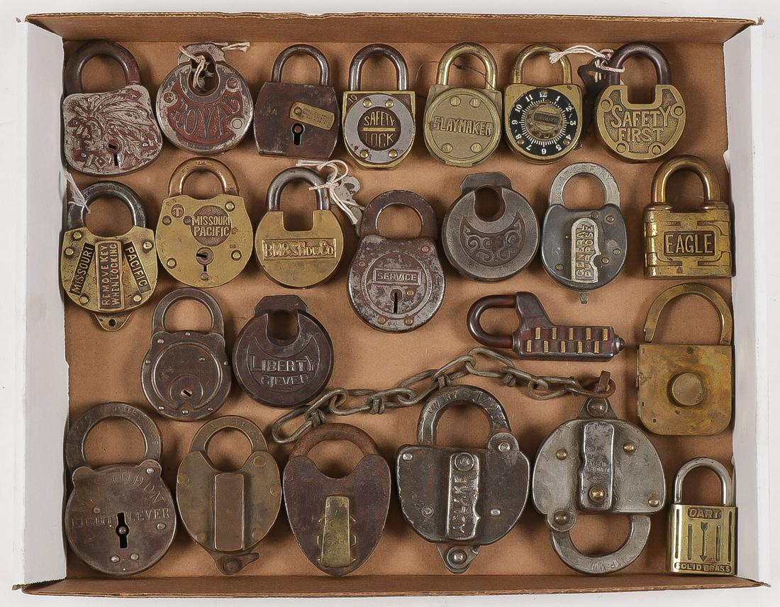 54 VINTAGE PADLOCKS: 54 VINTAGE PADLOCKS. Comprising a variety of shapes, types, sizes and makers, including Liberty, Slay Maker, Royal, Armor, Dart, Yale, Seabag, Mastodon and many others, and including a good many railr