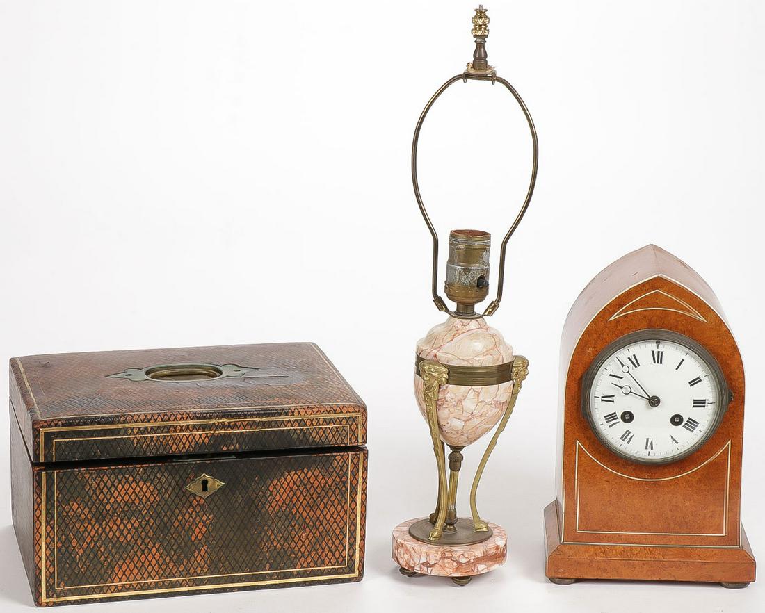 VINTAGE DECORATIVE ARTS GROUP: VINTAGE DECORATIVE ARTS GROUP. Comprising a leather covered jewel box, the body covered in leather and tooled with diamond quilt pattern, the hinged lid with recessed swivel handle and with gilt impre