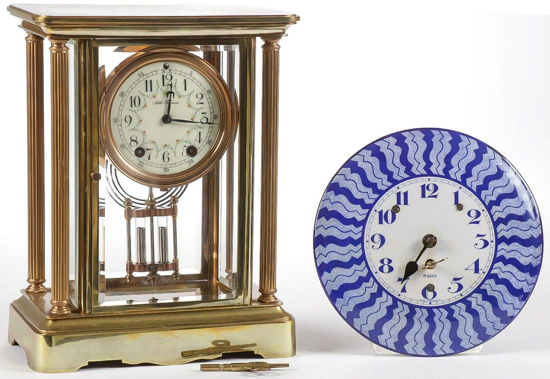 PAIR VINTAGE CLOCKS: PAIR VINTAGE CLOCKS. Including a Seth Thomas mercury pendulum crystal regulator clock, together with a German 8-day key wind pendulum clock in blue and white enamel with original key and pendulum. Gre