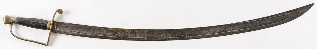 EARLY AMERICAN PILLOW-POMMEL SABER: EARLY AMERICAN PILLOW-POMMEL SABER. Comprising a circa 1800 American Pillow-Pommel infantry saber, with wide single fuller, and curved blade and fluted carved horn grips. Overall length 33.5 inches. S