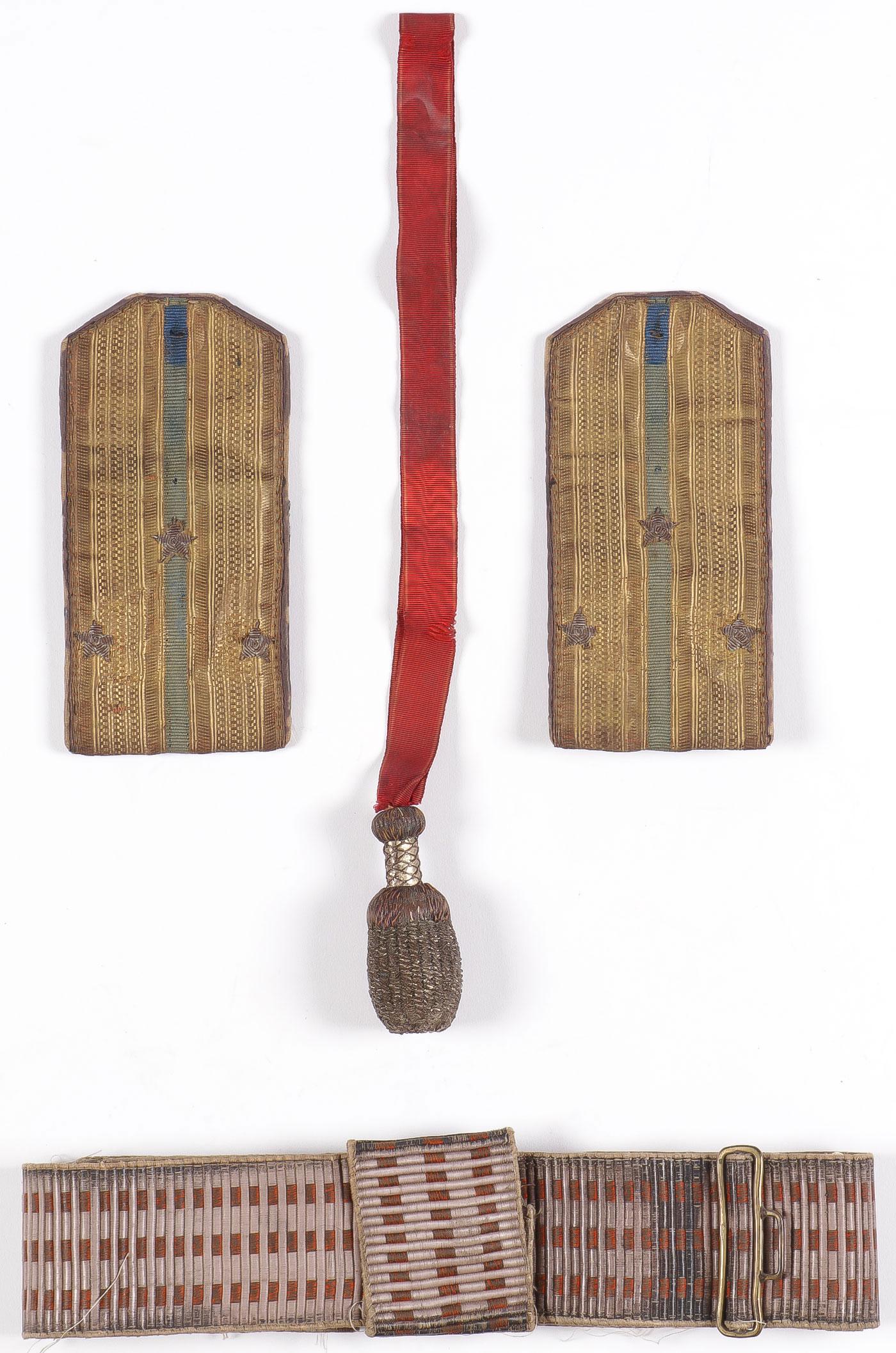 IMPERIAL RUSSIAN EMBROIDERED ACCOUTREMENTS: IMPERIAL RUSSIAN EMBROIDERED ACCOUTREMENTS. Comprising two officer epaulets and embroidered officer's uniform belt and an officer's sword portepee. SHIPPING NOTICE: Jackson's is your sole and only sou