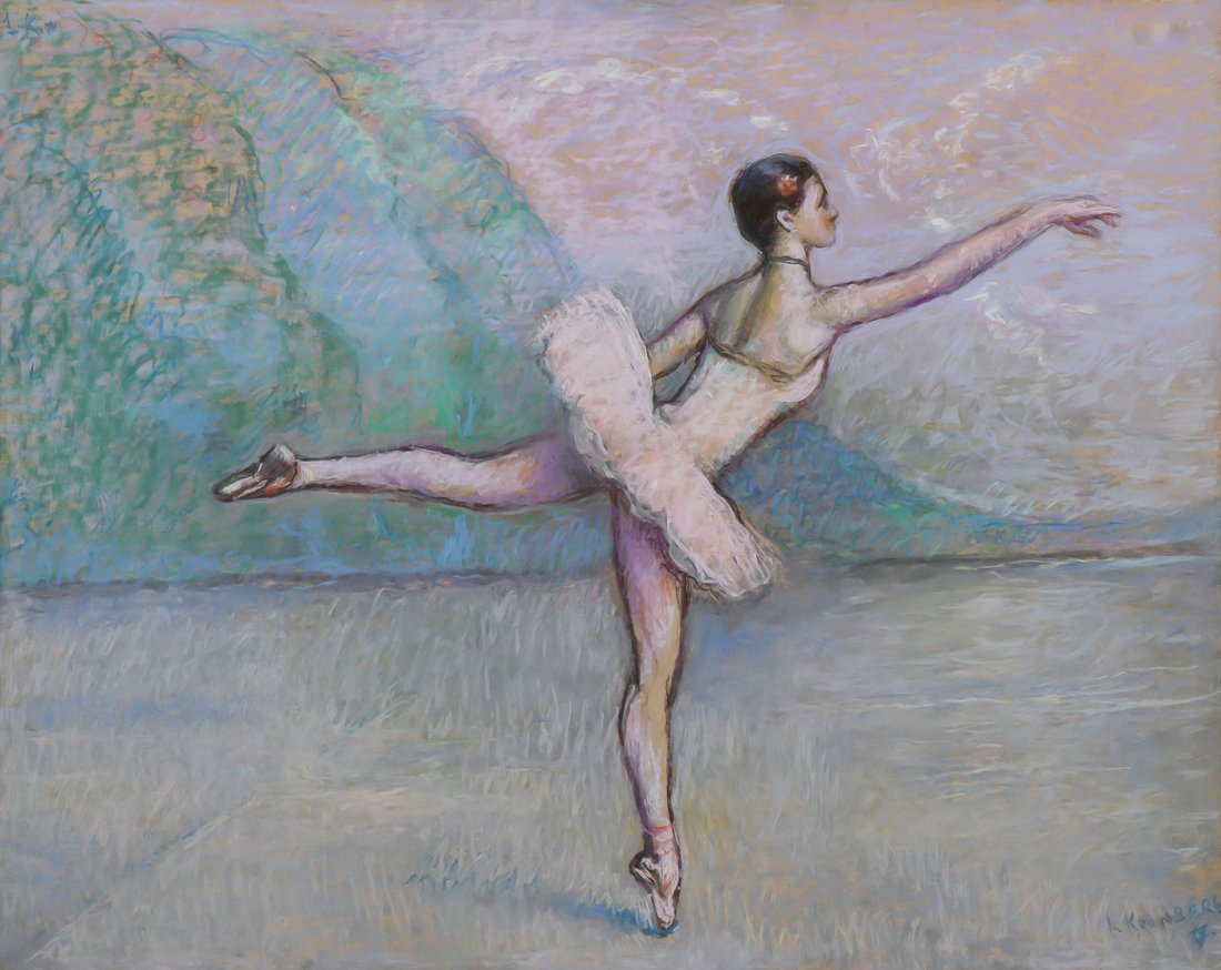 LOUIS KRONBERG ORIGINAL PASTEL BALLERINA: LOUIS KRONBERG (American 1872-1965) NO 2. The Arabesque - 1963 Pastel on board Signed lower right, initialed upper left, and with extensive inscriptions on verso, including artist name, initials, stud