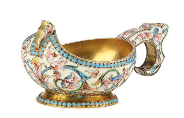 RUSSIAN SILVER-GILT & SHADED ENAMEL KOVSH: A RUSSIAN SILVER-GILT AND SHADED ENAMEL KOVSH, MOSCOW, 1899-1908. Resting on a flared foot with turquoise beaded enamel, the hook handle and body overall decorated with shaded enamel of scrolling foli