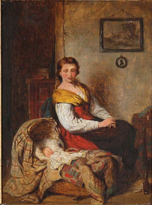 OIL PAINTING, Attributed to GEORGE SMITH: Attributed to GEORGE SMITH (British 1829-1901) Watching Baby Oil on wood panel Inscribed on verso George Smith 8 inches x 6 inches (20 x 15 cm)