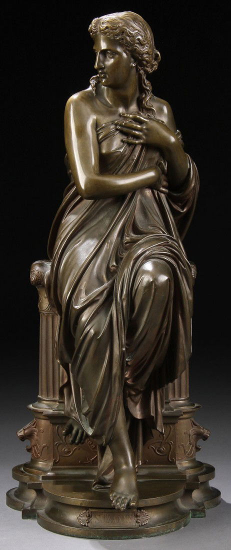 BRONZE, EUGENE-ANTOINE AIZELIN: EUGENE-ANTOINE AIZELIN (French 1821-1902) Suzanne Bronze with dark brown patina Inscribed on base E. AIZELIN Sculp. Height 19 inches (48.2 cm)