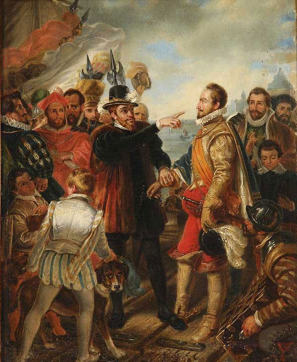 OIL PAINTING, ANTOINE-PIERRE-CHARLES FAVART: Attributed to ANTOINE-PIERRE-CHARLES FAVART (French 1784-1867) A Regent and Explorer - possibly King Ferdinand II and Ponce de Leon Oil on canvas Signed lower mid right CAF and indistinguishably dated
