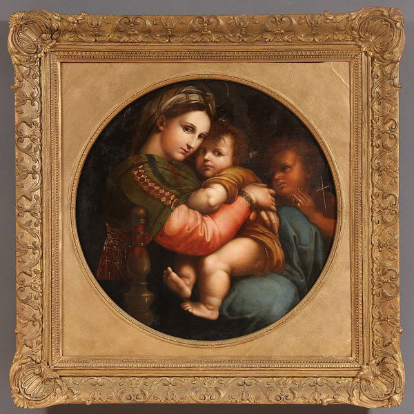 OIL PAINTING, MADONNA DELLA SEDIA After RAPHAEL : After RAPHAEL (Italian 1483-1520) Madonna della Sedia Oil on canvas 30 inches x 29.5 inches (75.5 x 75 cm) Provenance: Congregation of Divine Providence, San Antonio, Texas