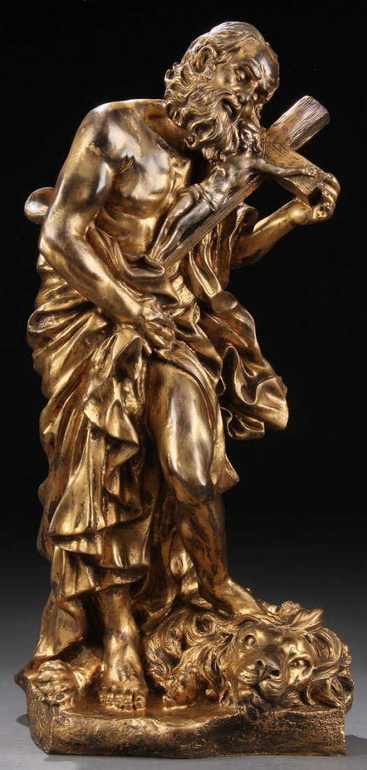 RELIGIOUS OIL PAINTING, CONTINENTAL SCHOOL : CONTINENTAL SCHOOL (19th century) St. Jerome with Cross and Lion Bronze with later gilt patina Apparently unsigned Height 20 inches (50.8 cm)