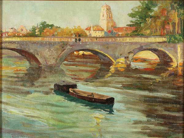 OIL PAINTING, JANE PETERSON: JANE PETERSON (American 1876-1965) Late Afternoon Along the Bridge Oil on canvas mounted on board Signed lower left 18 inches x 24 inches.
