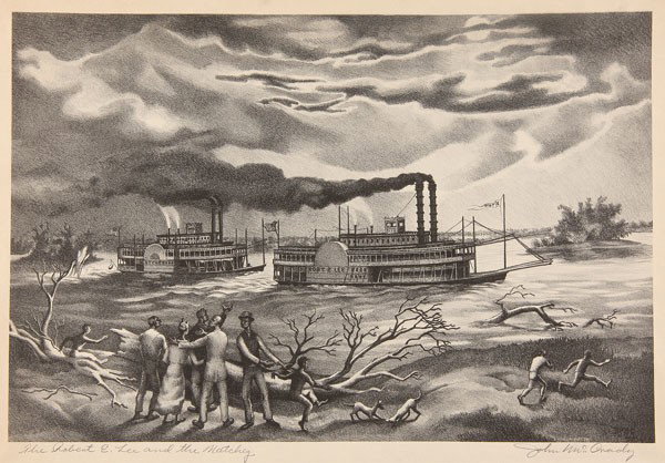 AAA LITHO, JOHN MCCRADY : JOHN MCCRADY (American 1911-1968) The Robert E. Lee and the Natchez AAA lithograph Signed in pencil lower right and titled lower left 9.75 inches x 14-3/8 inches