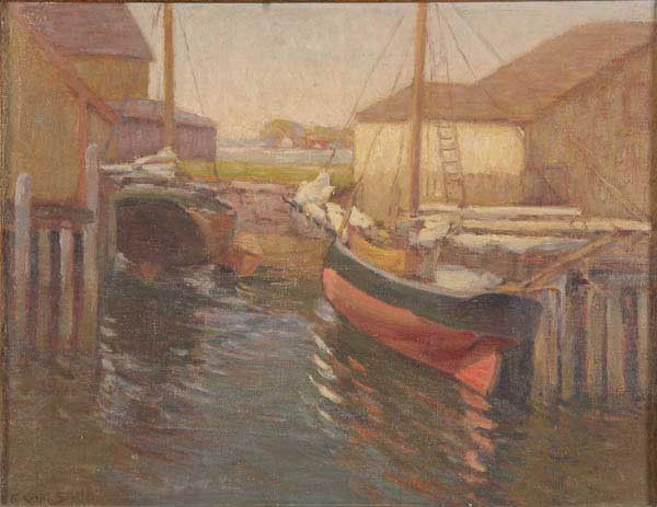OIL PAINTING, FREDERICK CARL SMITH: FREDERICK CARL SMITH (American 1868-1955) Gloucester Boats at Evening Oil on board Signed lower left F. Carl Smith and titled and with artist information on verso 18 inches x 14 inches