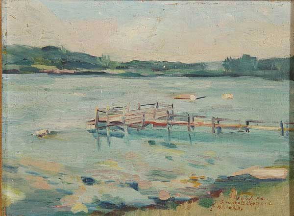 OIL PAINTING, CLARENCE ERASMUS SHEPARD : CLARENCE ERASMUS SHEPARD (American 1869-1949) Wisconsin Lake Oil on board Signed lower right and with indistinguishable dedicatory inscription? 9 inches x 12 inches