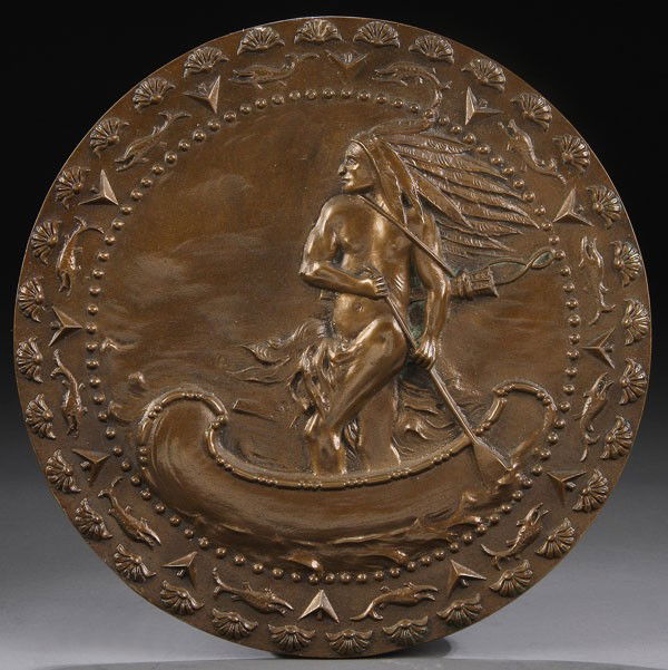 BRONZE MEDALLION, FREDERICK MACMONNIES: FREDERICK MACMONNIES (American 1863-1937) Niagara - A Cataract Construction Company Commission, 1892 Bronze medallion with brown patina Diameter 11 inches, accompanied by later frame