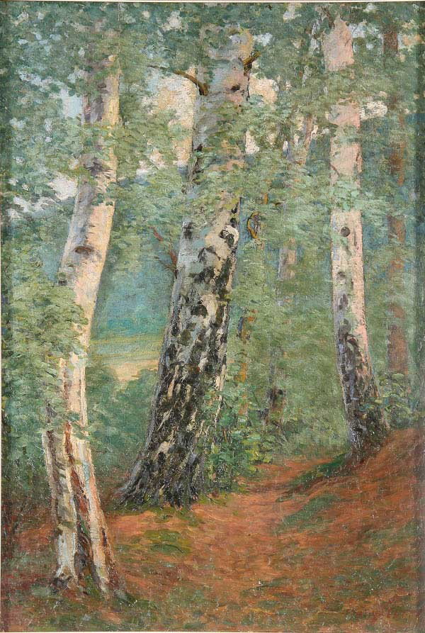 OIL PAINTING, EMILE ROUX-FABRE : EMILE ROUX-FABRE (19th century) Landscape with Birches Oil on canvas Signed lower right 28.5 inches x 19.5 inches (72.3 x 49.5 cm)