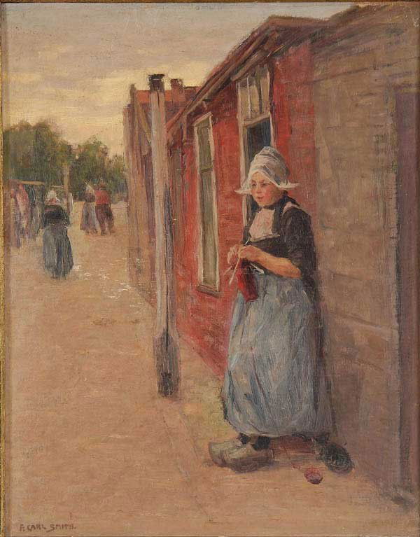 OIL PAINTING, FREDERICK CARL SMITH: FREDERICK CARL SMITH (American 1868-1955) Knitting Out of Doors - Volendam, Holland Oil on board Signed lower left F. Carl Smith and titled and with artist information on verso 21 inches x 16 inches