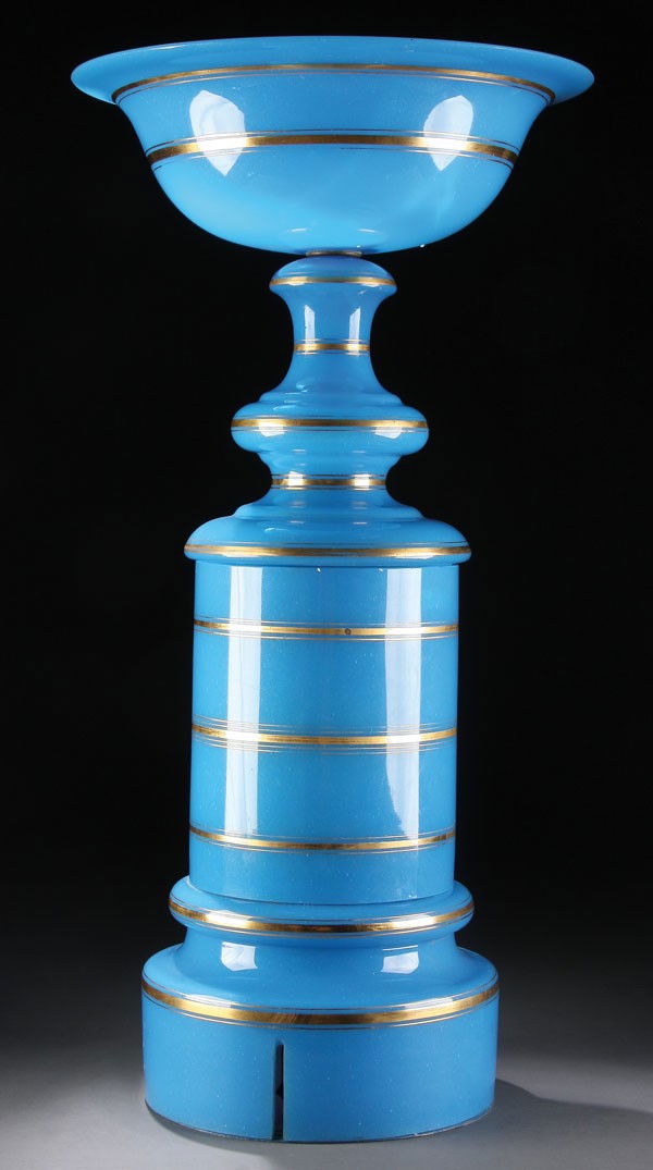 A FRENCH BLUE OPALINE TABLE FOUNTAIN, 19TH C.: A FRENCH BLUE OPALINE TABLE FOUNTAIN, 19TH CENTURY. With bowl shaped fountain rising from a three sectional glass pedestal containing a galvanized tin reservoir, fountain head absent. Height 29 inches