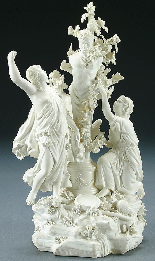 A DERBY FIGURAL GROUP OF TWO BACCHANAL ADORNING A: A DERBY FIGURAL GROUP OF TWO BACCHANAL ADORNING A BUST OF PAN circa 1765, incised No. 196. Adapted from an engraving by Francesco Bartolozzi after Angelica Kauffman, restorations. Height 12.5 inches.