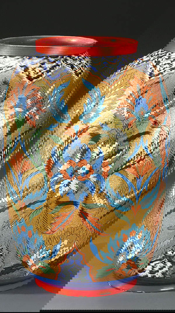 ATTR. TO THEODORE DECK IZNIK STYLE FLOOR VASE, F: ATTR. TO THEODORE DECK IZNIK STYLE FLOOR VASE, FRENCH POTTERY circa 1880. Richly colored stylized florals under a crystal glaze. Reserved on a stippled gilt ground, unmarked. Height 20 inches, diamete