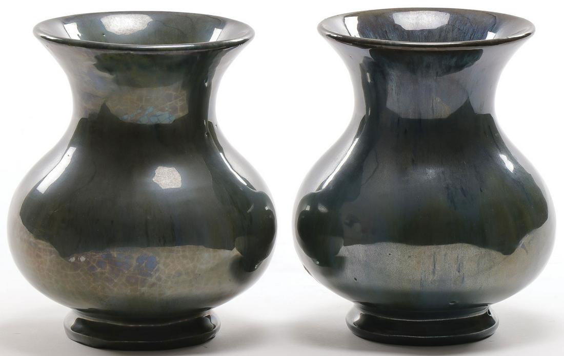 PAIR OF FULPER MIRRORED GLAZE ART POTTERY VASES: PAIR OF FULPER MIRRORED GLAZE ART POTTERY VASES. Comprising a pair of matching bulbous form vases with flared lip and ring foot in green/black mirrored glaze, the underside stamped with vertical FULPE