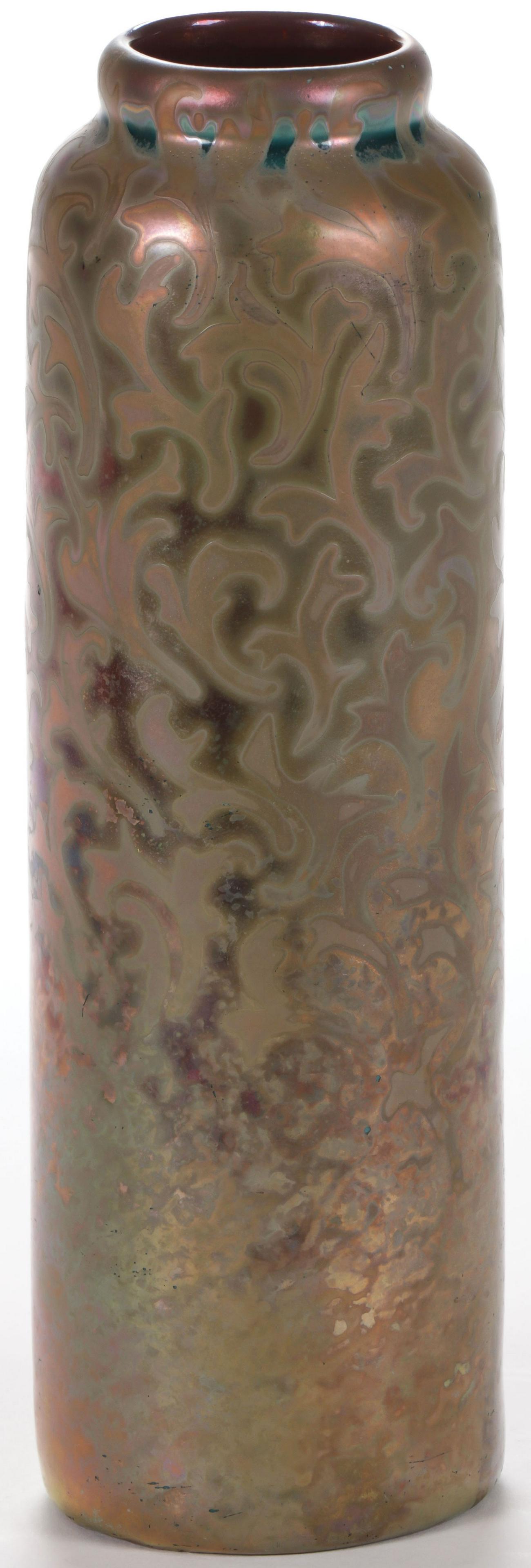 A LOVELY WELLER SICARD CYLINDRICAL VASE: A WELLER SICARD CYLINDRICAL VASE. The base marked both Weller and Sicard. Height 8.3 inches. SHIPPING NOTICE: Jackson's is your sole and only source for one stop packing and shipping. With over 50 y