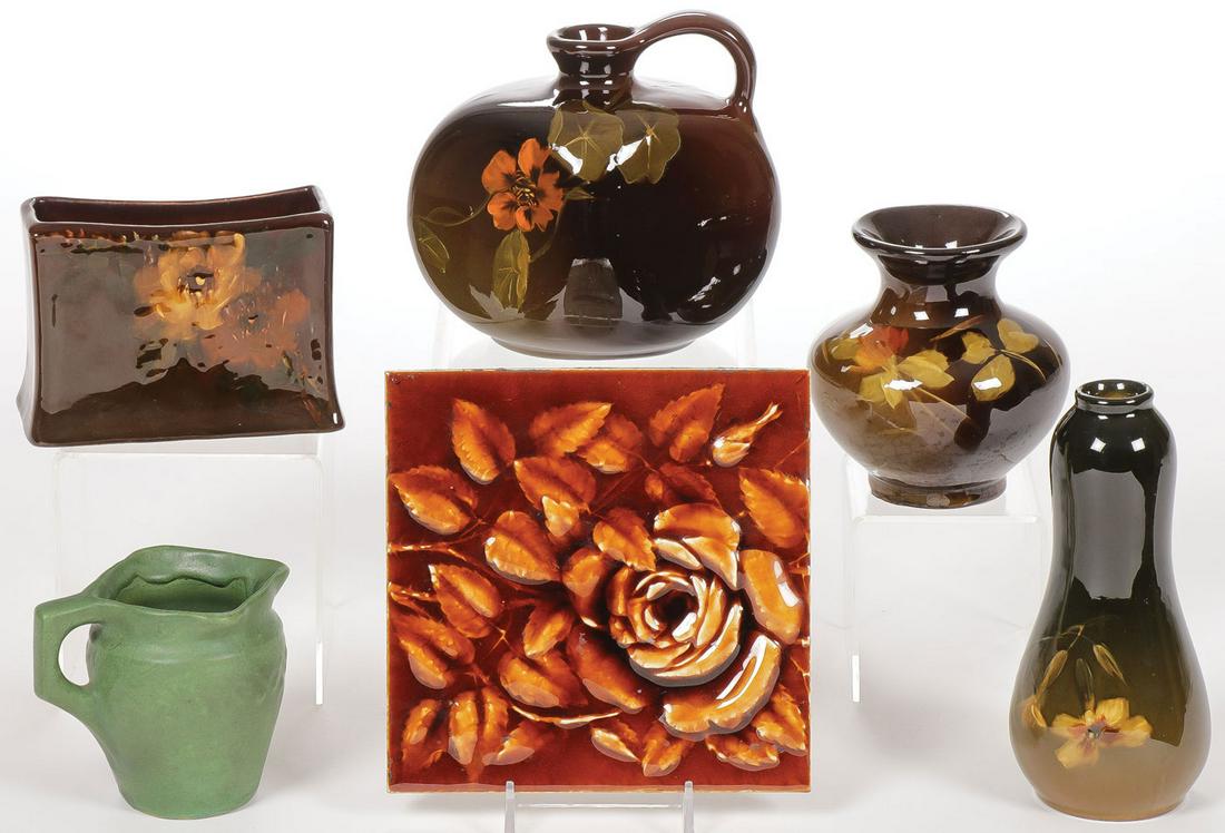 ROSEVILLE ROZANE WARE AND OTHER: ROSEVILLE ROZANE WARE AND OTHER. Comprising four individual pieces of Roseville Rozane ware, three in standard glaze, including one piece signed V. Adams. Together with a matte green Egypto pitcher or