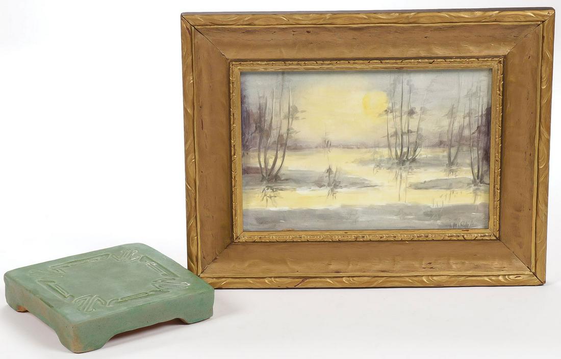 AMERICAN ART POTTERY GROUP: AMERICAN ART POTTERY GROUP. Comprising an interesting Prairie School style matte green glazed trivet, the underside with incised MW logo (about 5.5 inches square). Together with a hand-painted Ame
