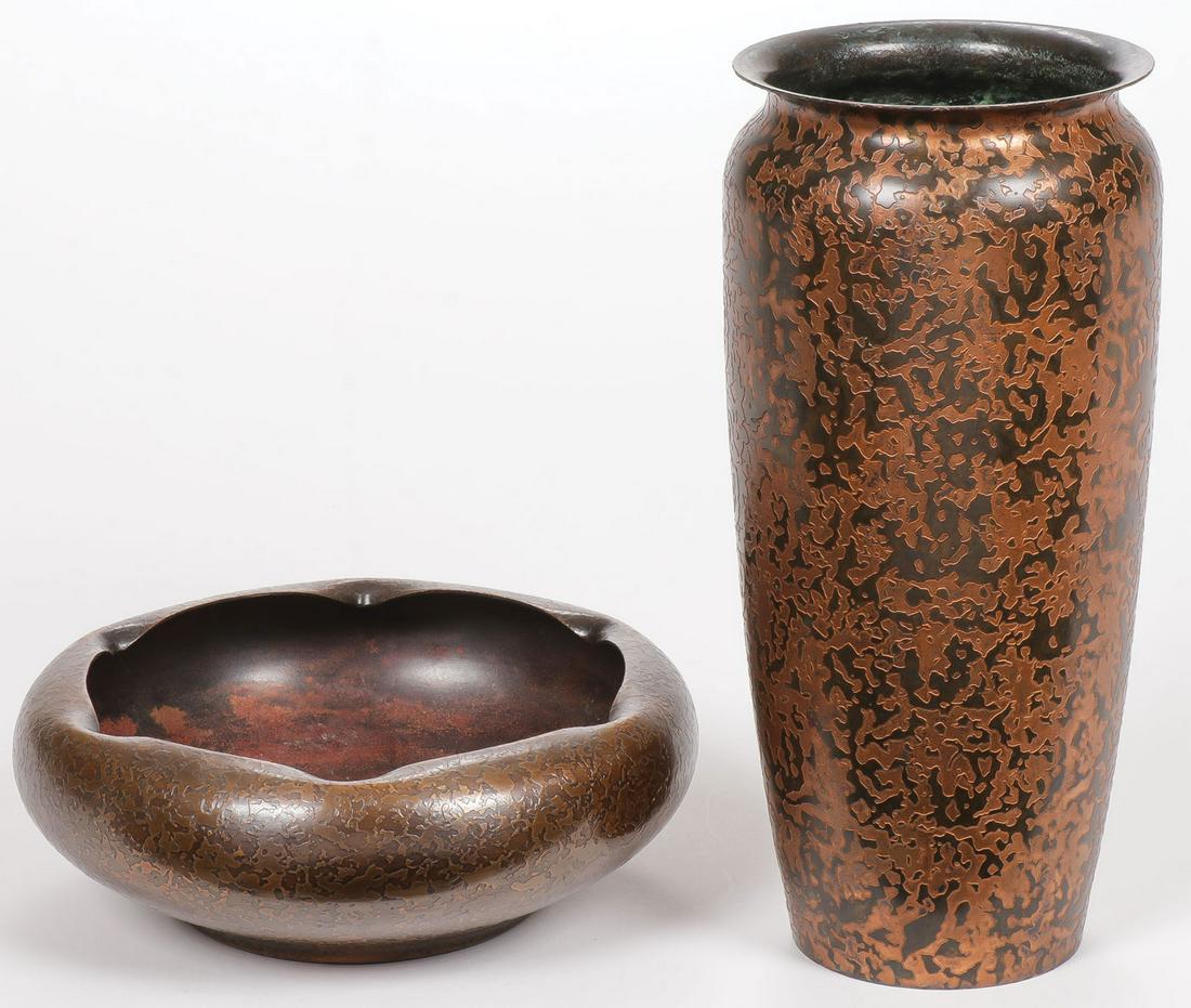 ROYCROFT VASE AND BOWL: ROYCROFT VASE AND BOWL. Comprising a Roycroft etched copper vase with flared rim and etched copper bowl with crimped rim. Each marked. Greatest height 8.5 inches.SHIPPING NOTICE:Jackson's is you